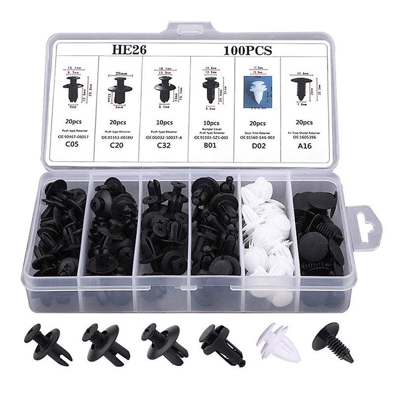 6 Size 100pcs Auto Fastener Car Clips Mixed Body Push Retainer Pin Rivet Bumper Door Trim Panel Retainer Fastener Kit E-1129