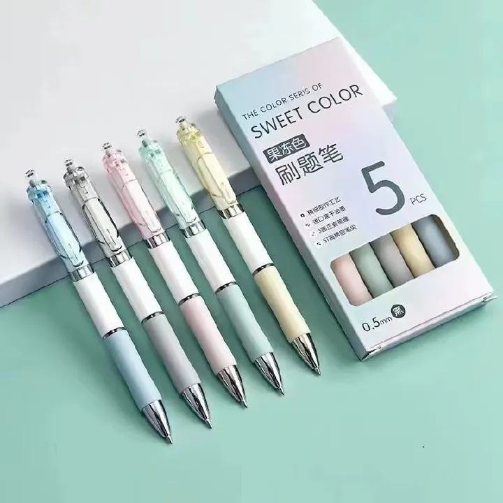 5-Pack "Jelly" Retractable Gel Pens — Stylish, High-Aesthetic Design | 0.5mm Bullet-Tip Black Ink Pens | Ideal for Students, Office Use, and Signing