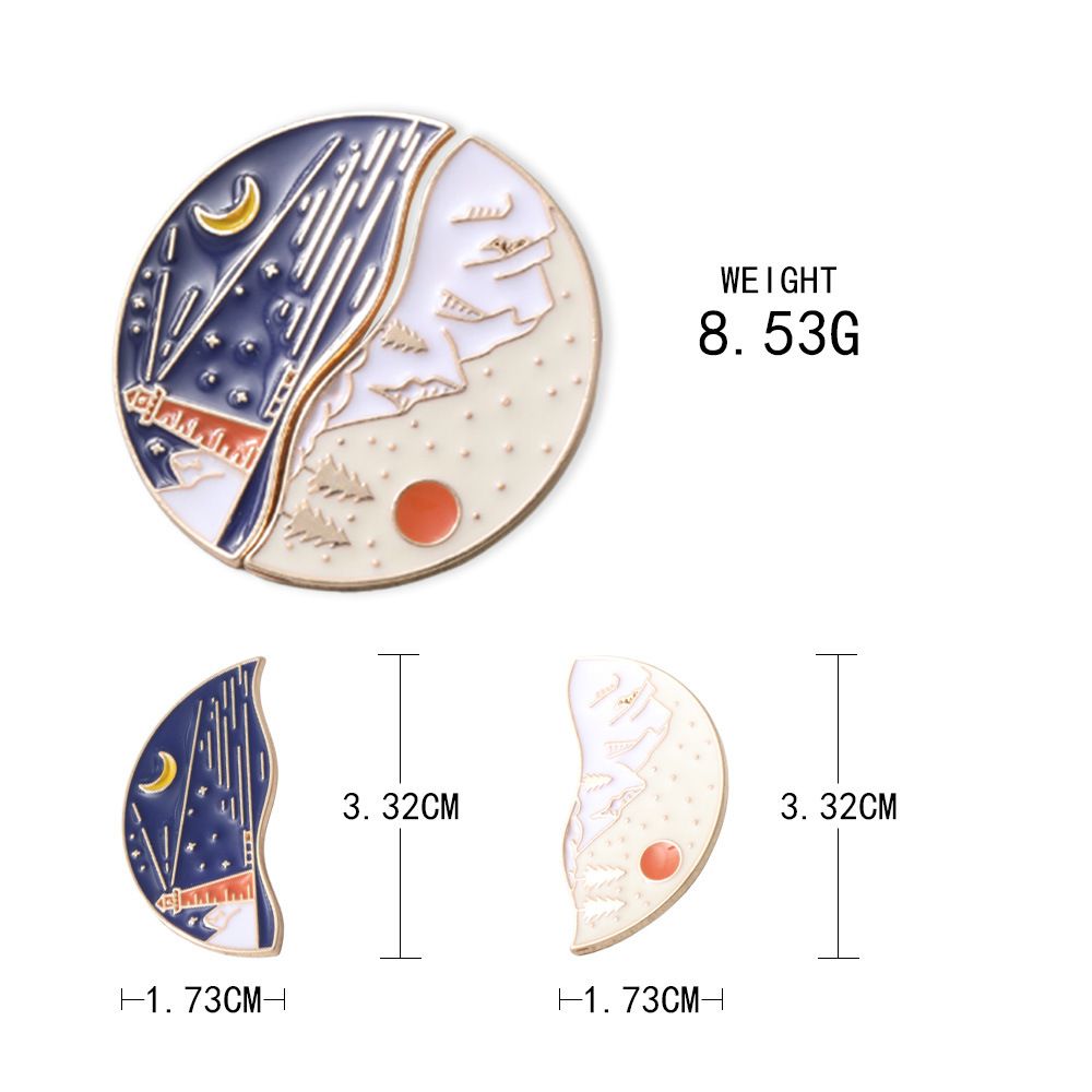 Summer new eco-friendly brooch, personalized oil-dripping lamp tower, starry sky, moon and sun combination round couple brooch and badge