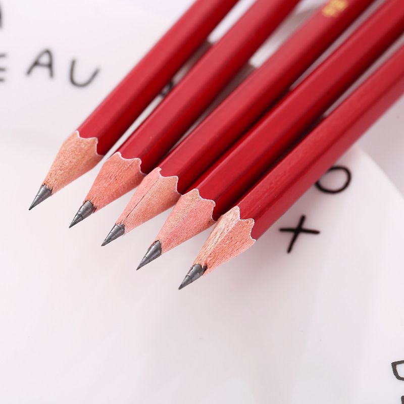 Five large red wooden HB drawing pencils with rubber tips, specially designed for primary school students, wholesale of children's writing stationery