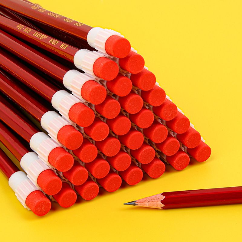 Five large red wooden HB drawing pencils with rubber tips, specially designed for primary school students, wholesale of children's writing stationery