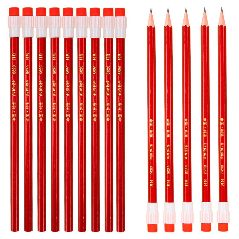 Five large red wooden HB drawing pencils with rubber tips, specially designed for primary school students, wholesale of children's writing stationery