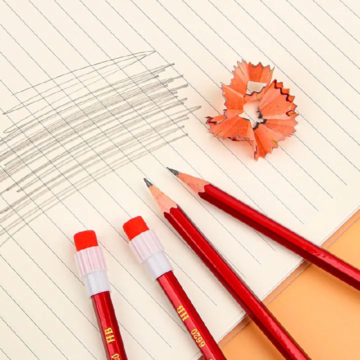 Five large red wooden HB drawing pencils with rubber tips, specially designed for primary school students, wholesale of children's writing stationery