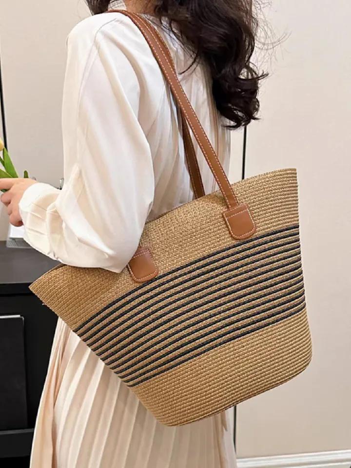 Straw woven bags, women's summer handbags, tote bags, large-capacity bucket bags, woven single-shoulder bags, rattan woven bags, cross-border