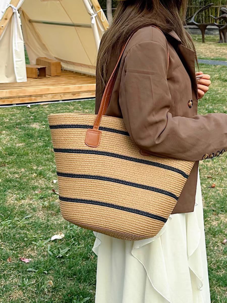Straw woven bags, women's summer handbags, tote bags, large-capacity bucket bags, woven single-shoulder bags, rattan woven bags, cross-border