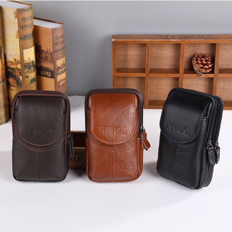 Simple leather waist bag for men, three-layer mother-and-child buckle flip cover coin purse, portable work, wear-resistant mobile phone waist bag