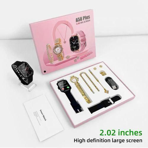 A58 Plus Smartwatch Set Pink Gold with Full Touch Display, Bluetooth Calling, Fitness & Health Tracking, Multiple Stylish Straps, Waterproof Smart Watch for Women — Compat + FREE DELIVERY TO YOU TODAY