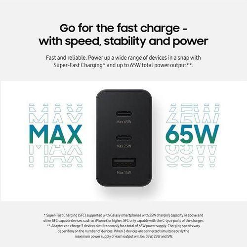 Samsung (3 in 1)Trio)65 Watt 25 Watts 15 Watts Multi Port (Trio) Fast Charging Adapter Compatible With All Devices