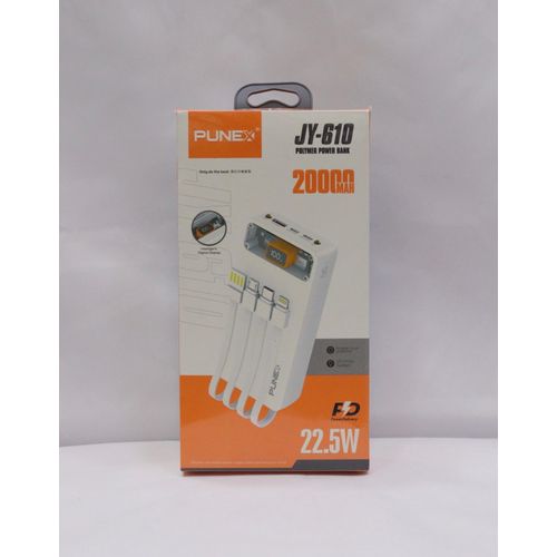 Punex JY-610 20000mAh Fast Charging Polymer Power Bank – 22.5W PD, LED Display, Built-in Cables – White + EASY DELIVERY TO YOUR DOORSTEP TODAY