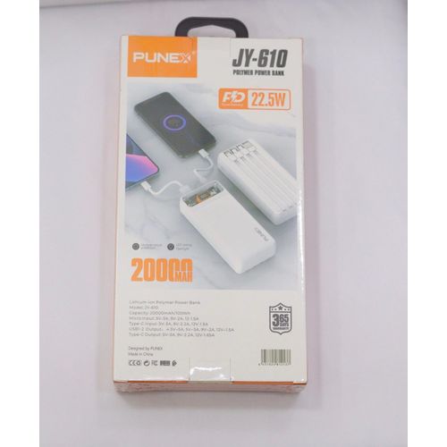 Punex JY-610 20000mAh Fast Charging Polymer Power Bank – 22.5W PD, LED Display, Built-in Cables – White + EASY DELIVERY TO YOUR DOORSTEP TODAY