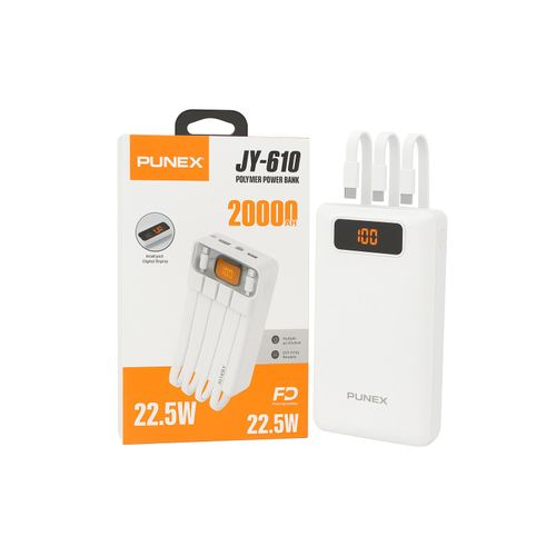 Punex JY-610 20000mAh Fast Charging Polymer Power Bank – 22.5W PD, LED Display, Built-in Cables – White + EASY DELIVERY TO YOUR DOORSTEP TODAY