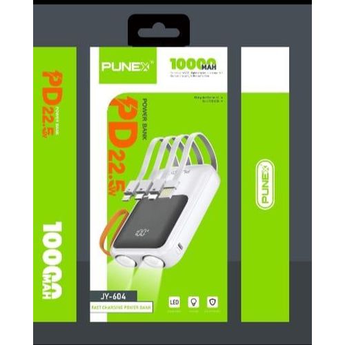 Punex JY-604 10000mAh Fast Charging Polymer Power Bank – 22.5W PD, Digital LED Display, 4 Built-in Cables & Dual LED FlashlightWhite + EASY DELIVERY TO YOUR DOORSTEP TODAY