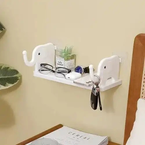 Elephant-Shaped Wall Mounted Floating Shelf with Hooks - No-Drill Adhesive Organizer for Kitchen, Bedroom & Bathroom