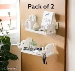Elephant-Shaped Wall Mounted Floating Shelf with Hooks - No-Drill Adhesive Organizer for Kitchen, Bedroom & Bathroom