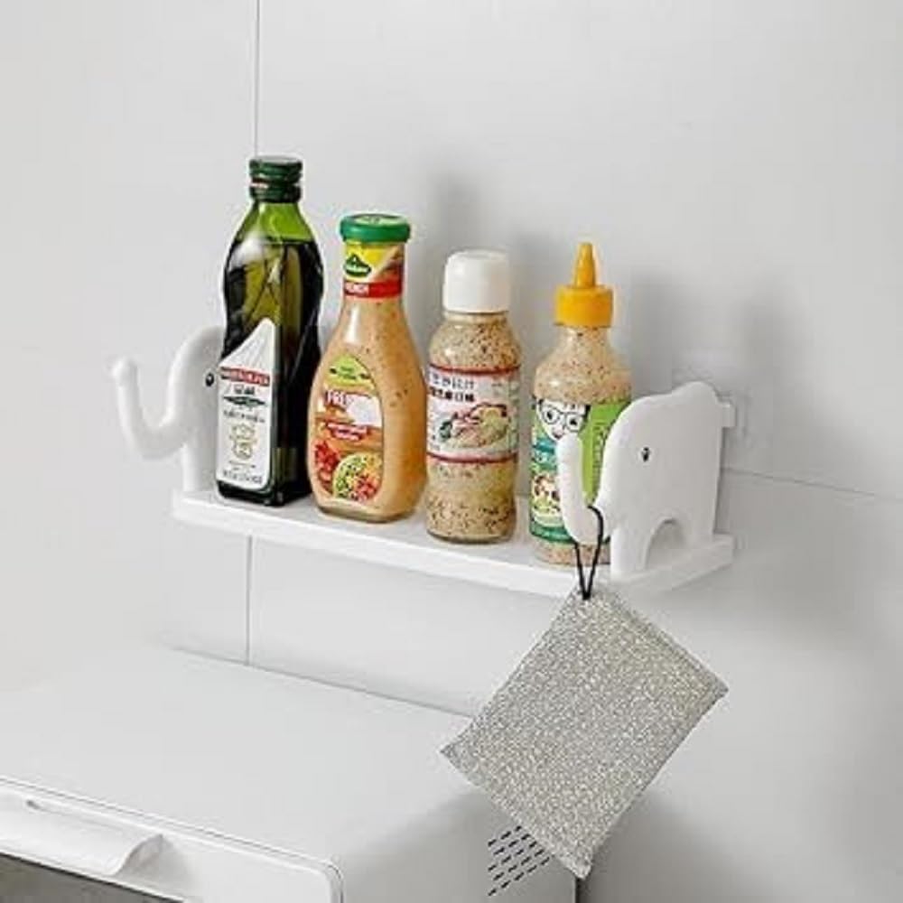 Elephant-Shaped Wall Mounted Floating Shelf with Hooks - No-Drill Adhesive Organizer for Kitchen, Bedroom & Bathroom