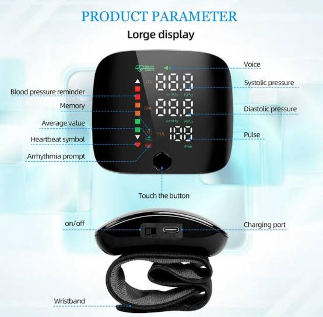 Automatic Wrist Blood Pressure Monitor Digital Sphygmomanometer Rechargeable BP Machine with Voice & Large LED Display