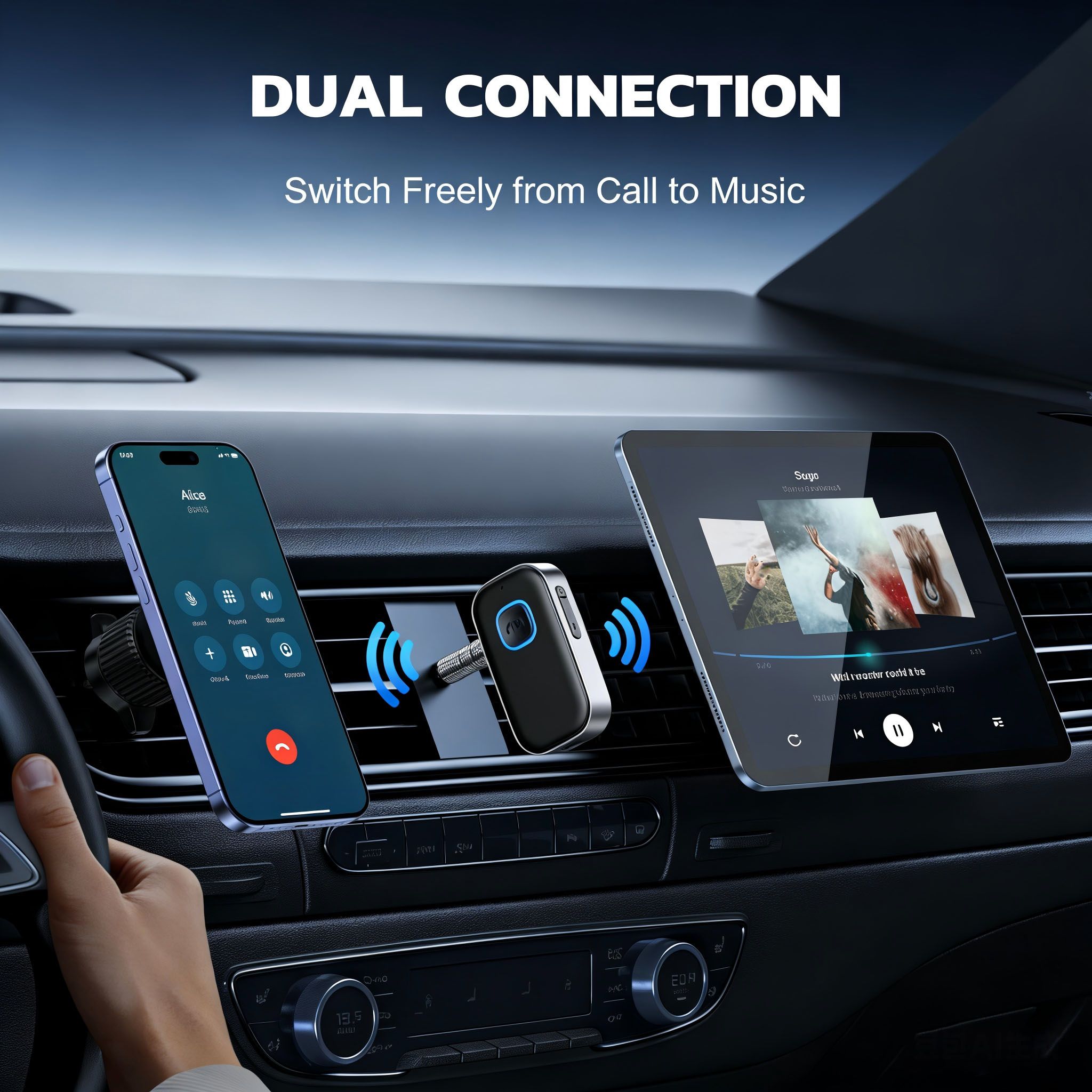 Bluetooth Receiver for Car 3.5mm AUX Wireless Audio Adapter, Noise Cancelling Hands-Free Call Car Kit, Long Battery Life for Home Stereo & Wired Headphones
