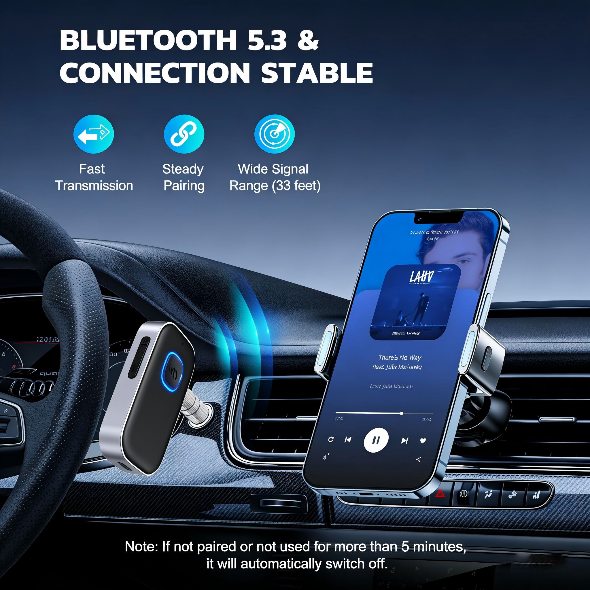 Bluetooth Receiver for Car 3.5mm AUX Wireless Audio Adapter, Noise Cancelling Hands-Free Call Car Kit, Long Battery Life for Home Stereo & Wired Headphones