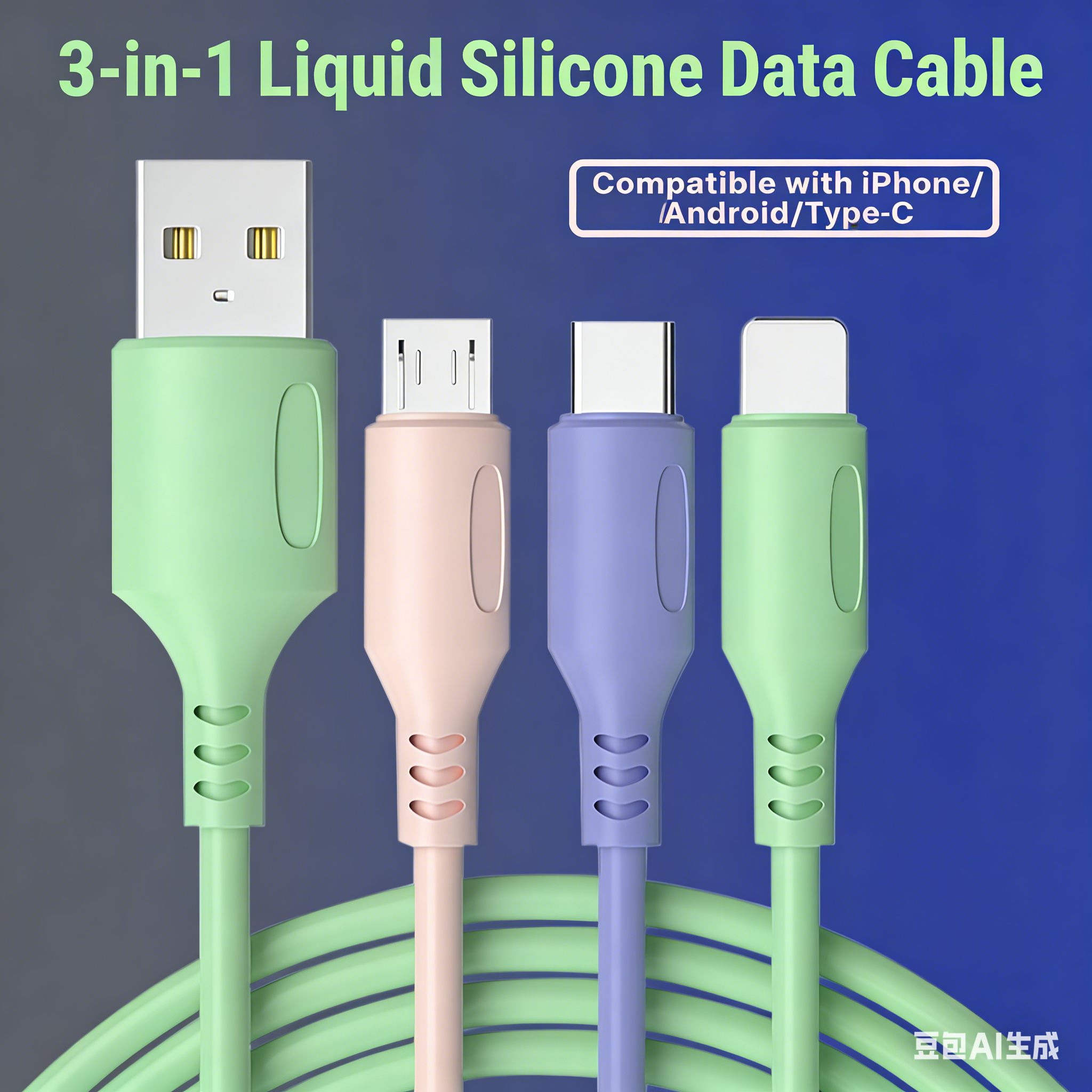 3 in 1 Liquid Silicone Data Cable 1.2M Fast Charging Cable for iPhone Android Type C Mobile Phone Universal Charger Cord