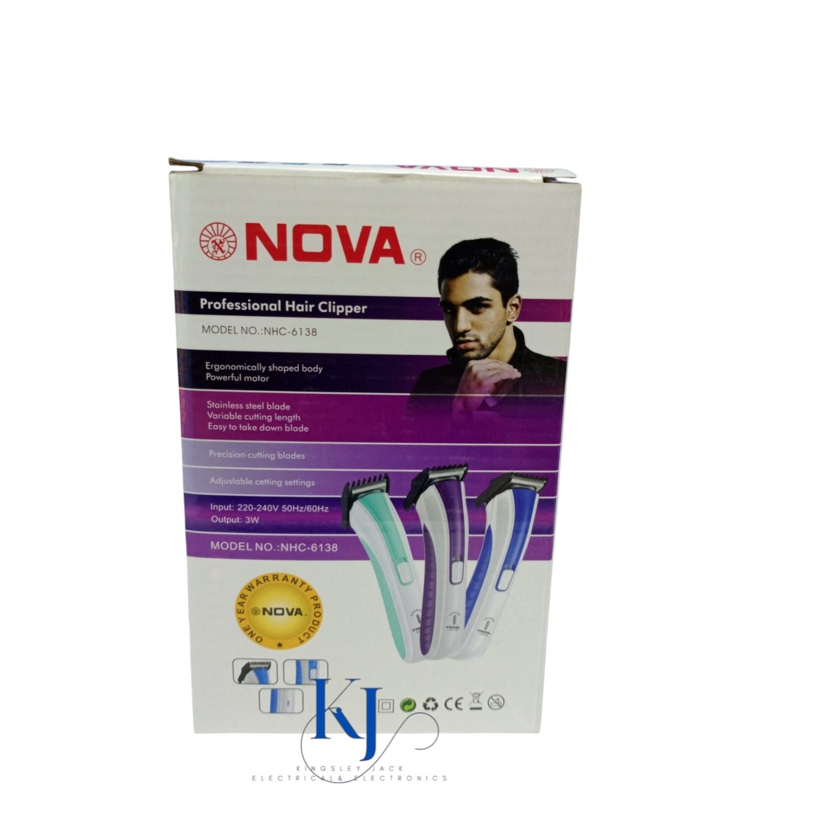 NOVA NHC-6138 PROFESSIONAL HAIR CLIPPER | ERGONOMICALLY SHAPED BODY | STAINLESS STEEL BLADE | POWERFUL MOTOR | VARIABLE CUTTING LENGTHS | PRECISION CUTTING BLADES