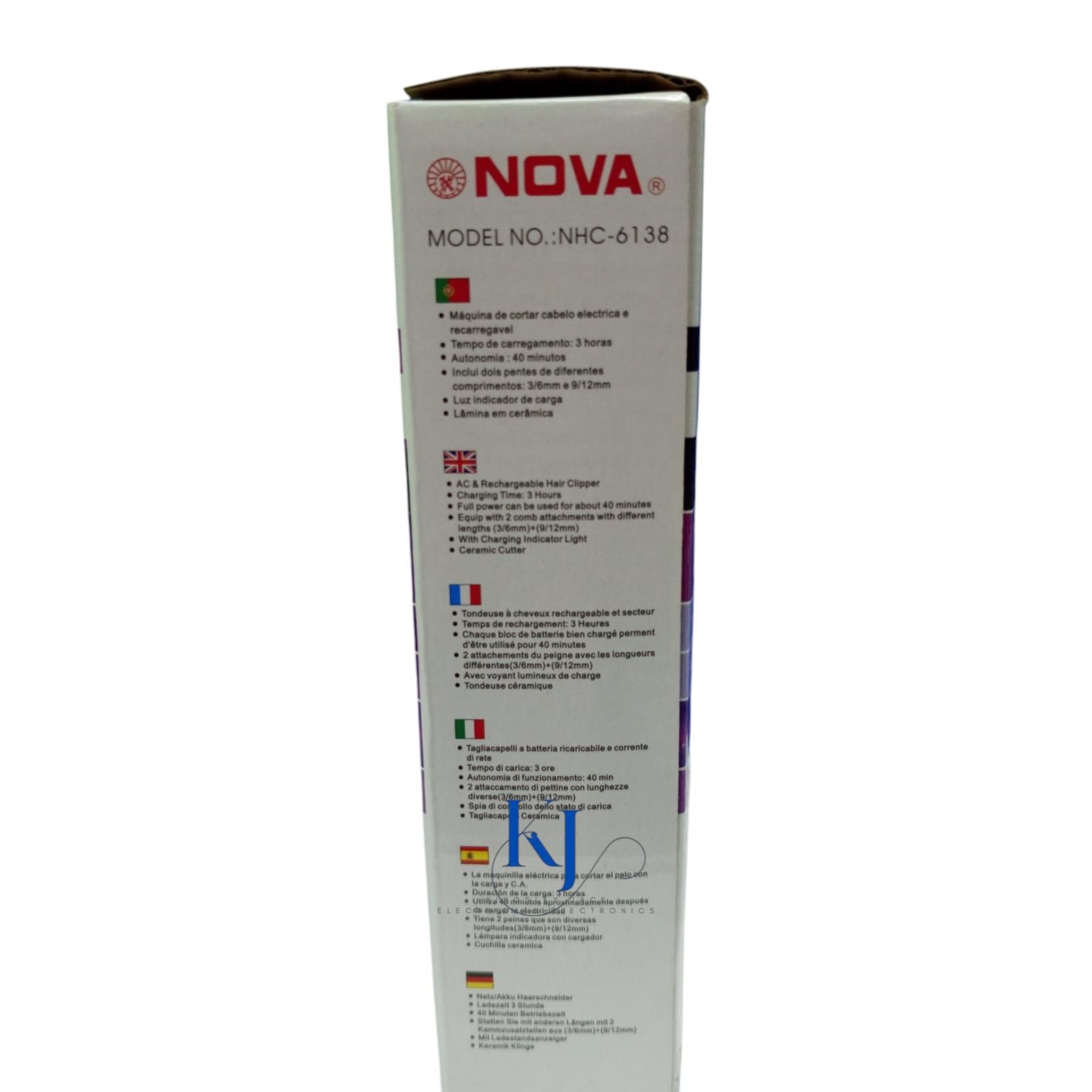 NOVA NHC-6138 PROFESSIONAL HAIR CLIPPER | ERGONOMICALLY SHAPED BODY | STAINLESS STEEL BLADE | POWERFUL MOTOR | VARIABLE CUTTING LENGTHS | PRECISION CUTTING BLADES