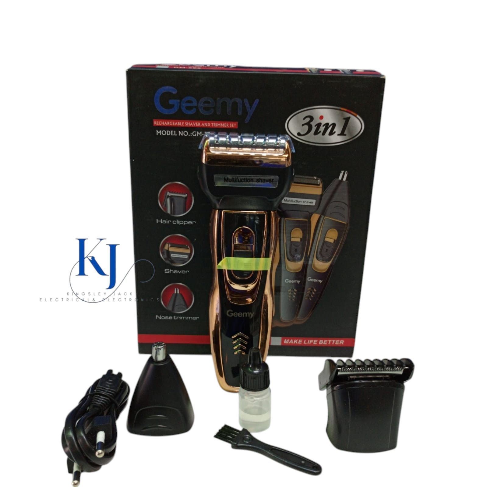 GEEMY GM-595 3 IN 1 PROFESSSIONAL SHAVER AND TRIMMER SET | HAIR CLIPPER | SHAVER | NOSE TRIMMER | SILVER PD ALLOY MOTOR OF HIGH ROTATIONAL SPEED  | RECHARGEABLE