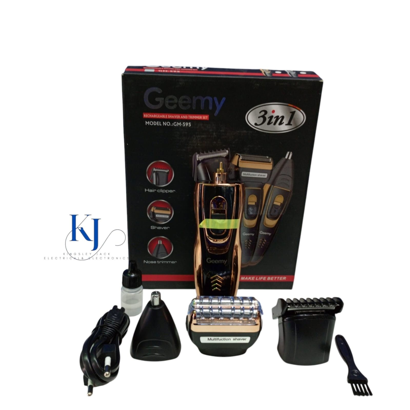 GEEMY GM-595 3 IN 1 PROFESSSIONAL SHAVER AND TRIMMER SET | HAIR CLIPPER | SHAVER | NOSE TRIMMER | SILVER PD ALLOY MOTOR OF HIGH ROTATIONAL SPEED  | RECHARGEABLE