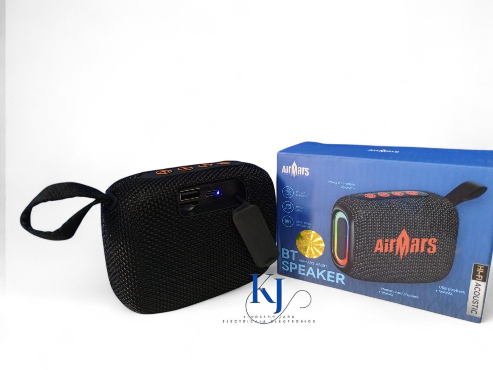 AIRMARS-ABS01 BT SPEAKER V5.3 | COLORFUL LIGHTING | SUPER LONG ENDURANCE | MEGA BASS | WIRELESS CONNECTION | MEMORY CARD PLAYBACK | USB PLAY BACK | HI-FI ACOUSTIC