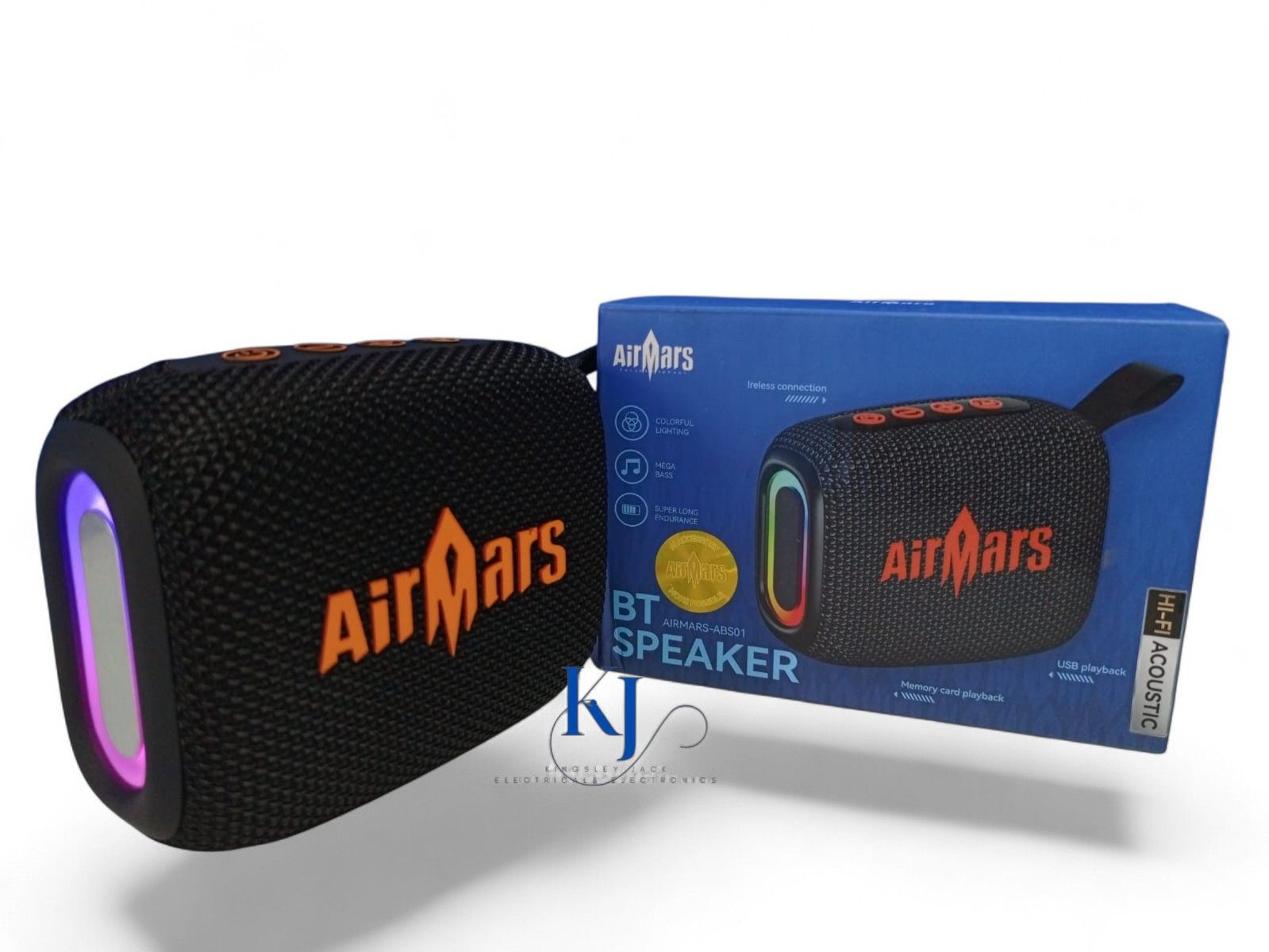 AIRMARS-ABS01 BT SPEAKER V5.3 | COLORFUL LIGHTING | SUPER LONG ENDURANCE | MEGA BASS | WIRELESS CONNECTION | MEMORY CARD PLAYBACK | USB PLAY BACK | HI-FI ACOUSTIC