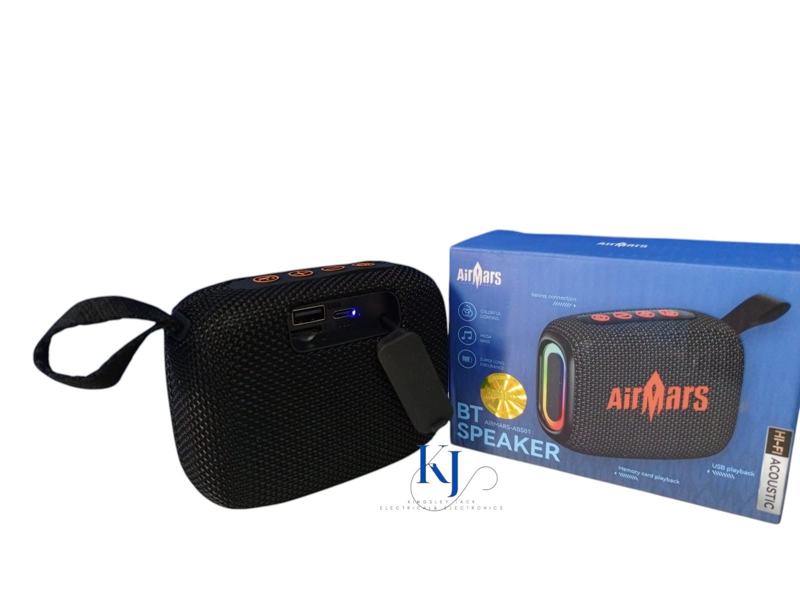 AIRMARS-ABS01 BT SPEAKER V5.3 | COLORFUL LIGHTING | SUPER LONG ENDURANCE | MEGA BASS | WIRELESS CONNECTION | MEMORY CARD PLAYBACK | USB PLAY BACK | HI-FI ACOUSTIC