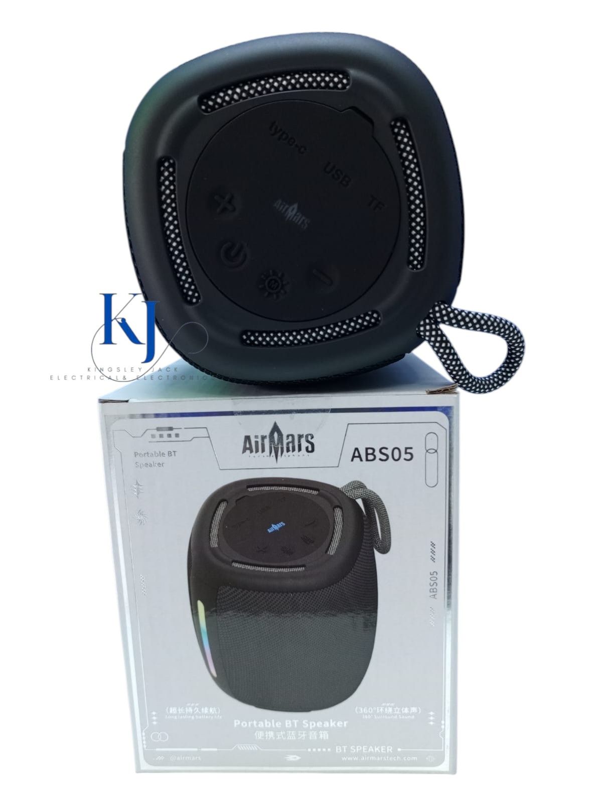 AIRMARS-ABS05 PORTABLE BT SPEAKER V5.3 | SHOCKING BASS  | LONG LASTING BATTERY LIFE | 360º SURROUND SOUND | RGB COLORFUL LIGHT EFFECT | USB SUPPORT | RADIO | 1800 MAH BATTERY | UPTO 14 HOURS PLAY TIME