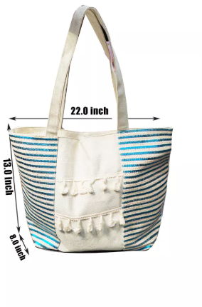 Tassel Tote Bag  Picnic Date Color Canvas Stripe Contrast Color Shoulder Bag Large Capacity Handbag Green Shopping Bag