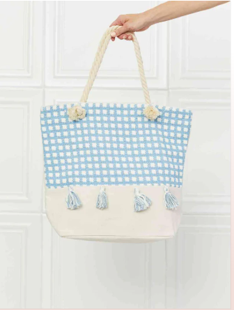 Tassel Tote Bag  Picnic Date Color Canvas Stripe Contrast Color Shoulder Bag Large Capacity Handbag Green Shopping Bag