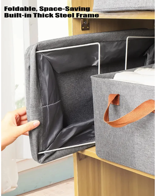 Foldable Clothes Closet Organizer Inner Layer Handle Fabric Storage Baskets Box Steel Frame Stackable Shelf Wardrobe for Clothes