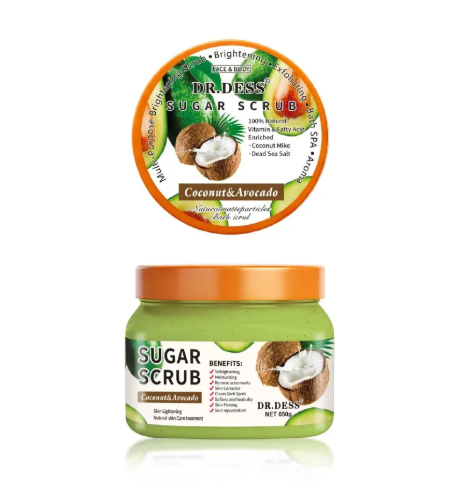 DR DESS Coconut & Avocado Sugar Body Scrub Bath Brightening Exfoliating Bath Spa Sugar Scrub Softens improve circulation, and leave skin smooth, bright, and refreshed 550g
