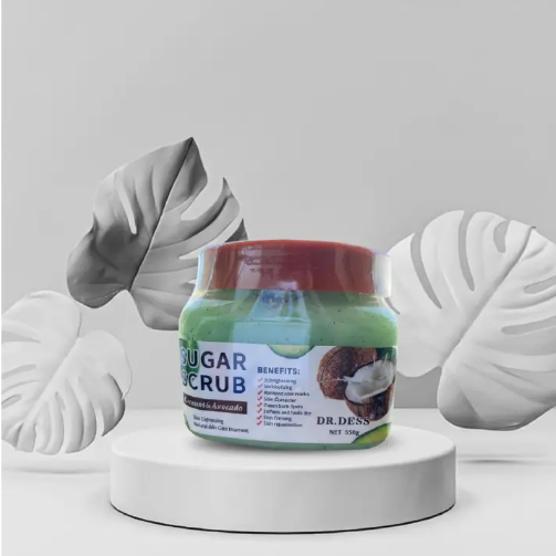 DR DESS Coconut & Avocado Sugar Body Scrub Bath Brightening Exfoliating Bath Spa Sugar Scrub Softens improve circulation, and leave skin smooth, bright, and refreshed 550g