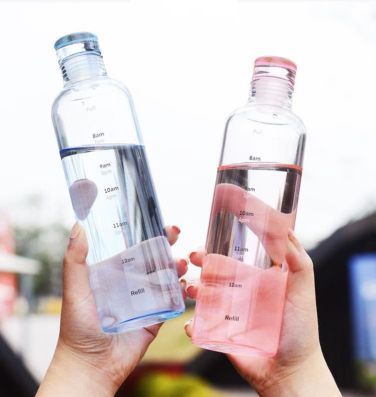 Simple Transparent Round Portable Glass Water Bottle 500ml Leak-Proof Glass Bottle with Time Marker & Cover – Transparent Water, Juice & Milk Cup, Simple Gift Bottle