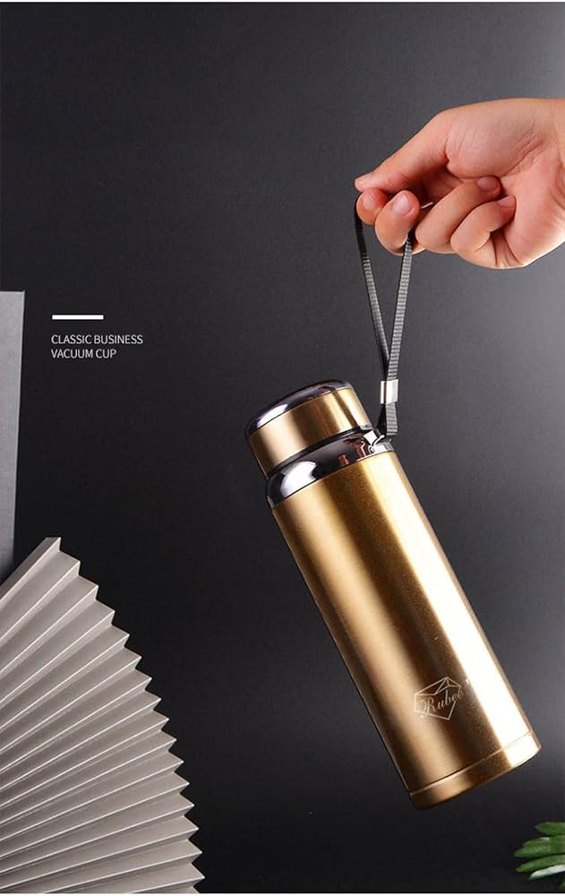 1000ml Stainless Steel Vacuum Insulated Flask. Double walled Thermal Water Bottle for Hot & Cold Drinks, Leakproof and portable with Carrying Strap (Copper Gold)