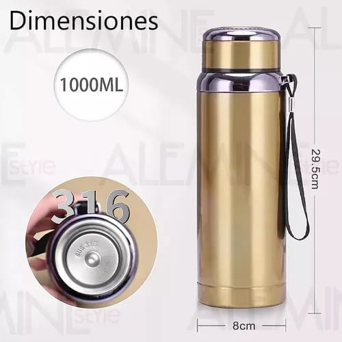 1000ml Stainless Steel Vacuum Insulated Flask. Double walled Thermal Water Bottle for Hot & Cold Drinks, Leakproof and portable with Carrying Strap (Copper Gold)