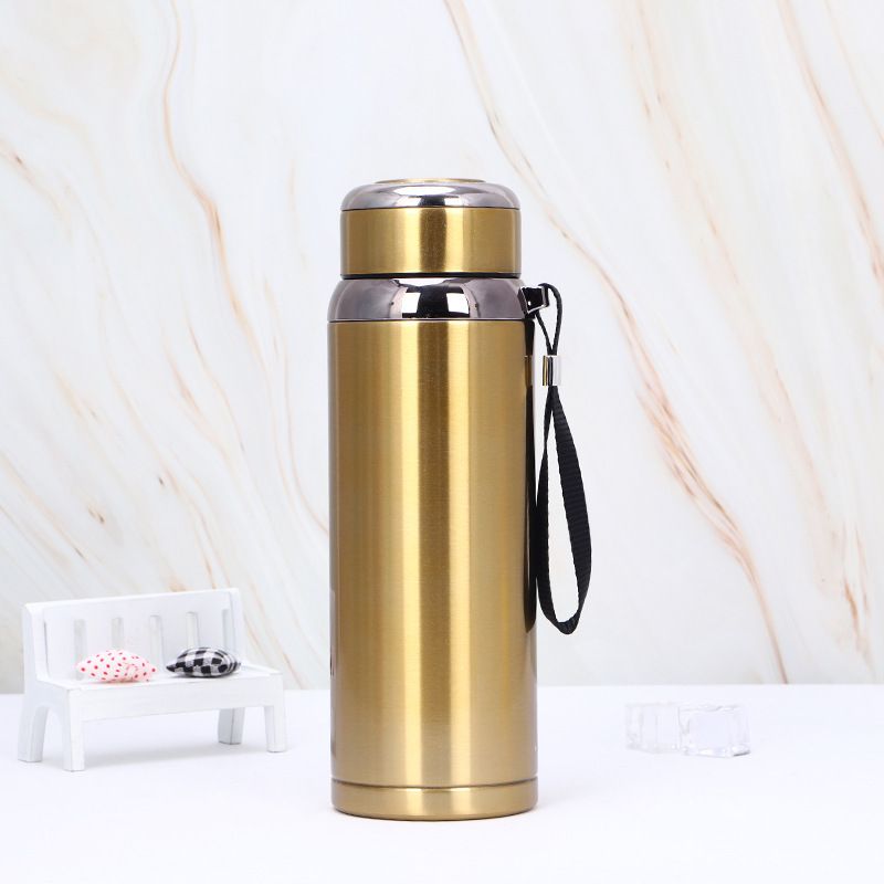 1000ml Stainless Steel Vacuum Insulated Flask. Double walled Thermal Water Bottle for Hot & Cold Drinks, Leakproof and portable with Carrying Strap (Copper Gold)