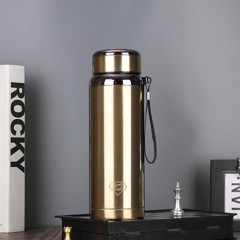 1000ml Stainless Steel Vacuum Insulated Flask. Double walled Thermal Water Bottle for Hot & Cold Drinks, Leakproof and portable with Carrying Strap (Copper Gold)