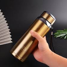 1000ml Stainless Steel Vacuum Insulated Flask. Double walled Thermal Water Bottle for Hot & Cold Drinks, Leakproof and portable with Carrying Strap (Copper Gold)