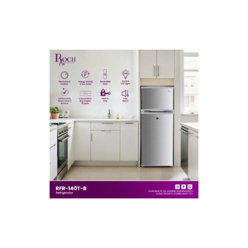 Roch 140 Liters Double Door Top Freezer Defrost Fridge –Inox(2YRS WRTY)