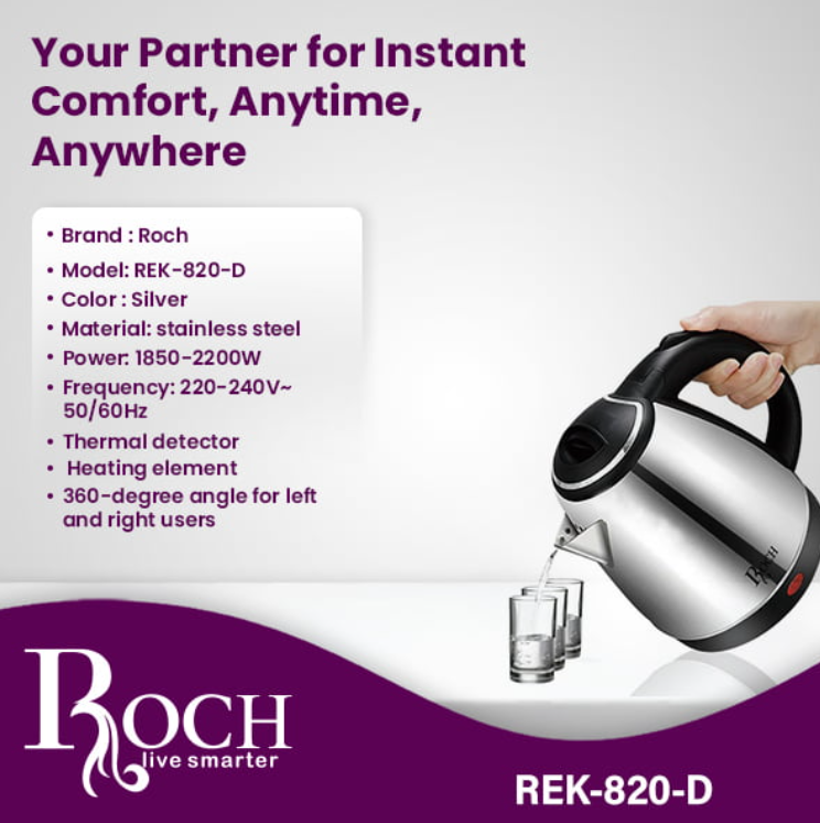 Roch 2 Litres Fast Boiling Percolator / Electric Kettle - Silver & Black