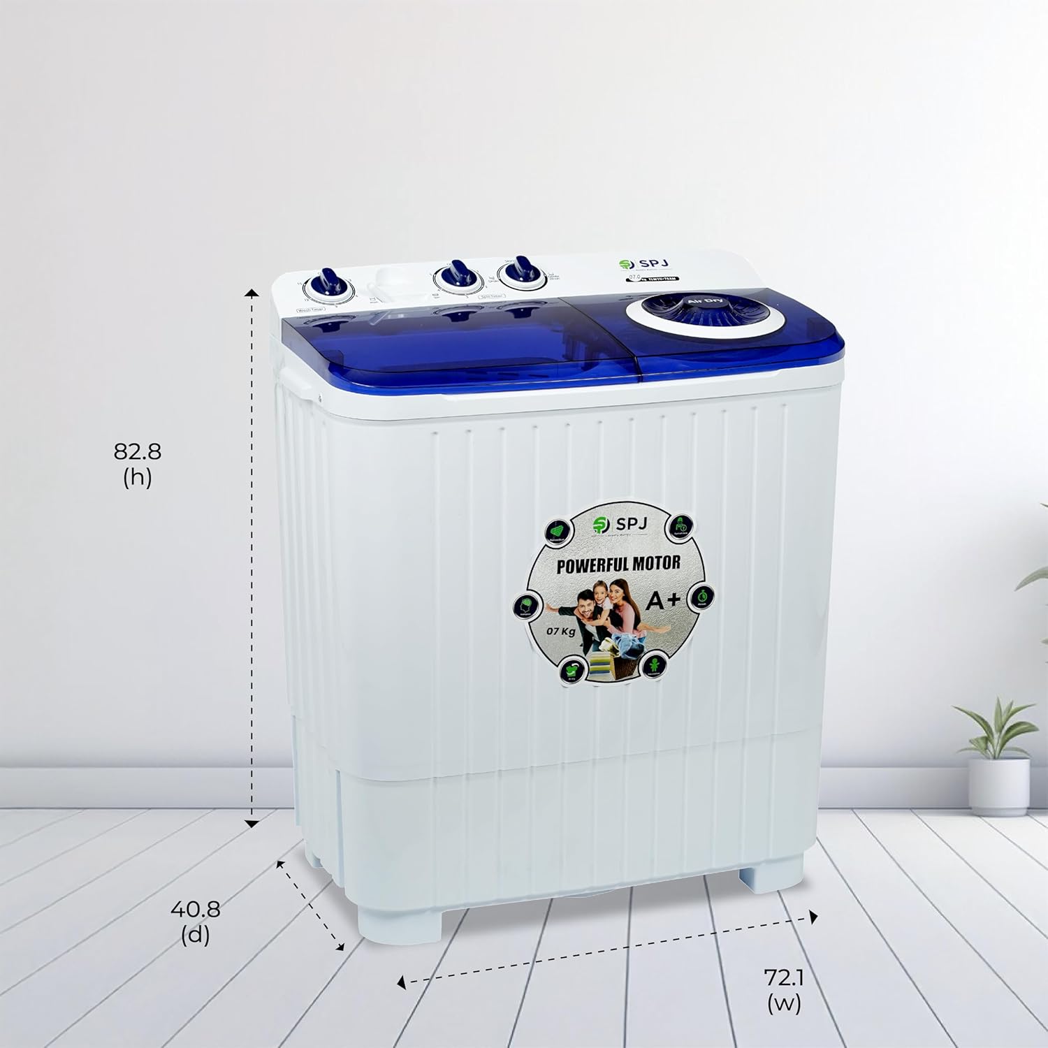 SPJ 7kg Semi Automatic Washing Machine Top Loader – Twin Tub, Transparent Lid, Washer & Dryer Combo, Energy Saving, Compact Home Laundry Appliance, 1-Year Warranty