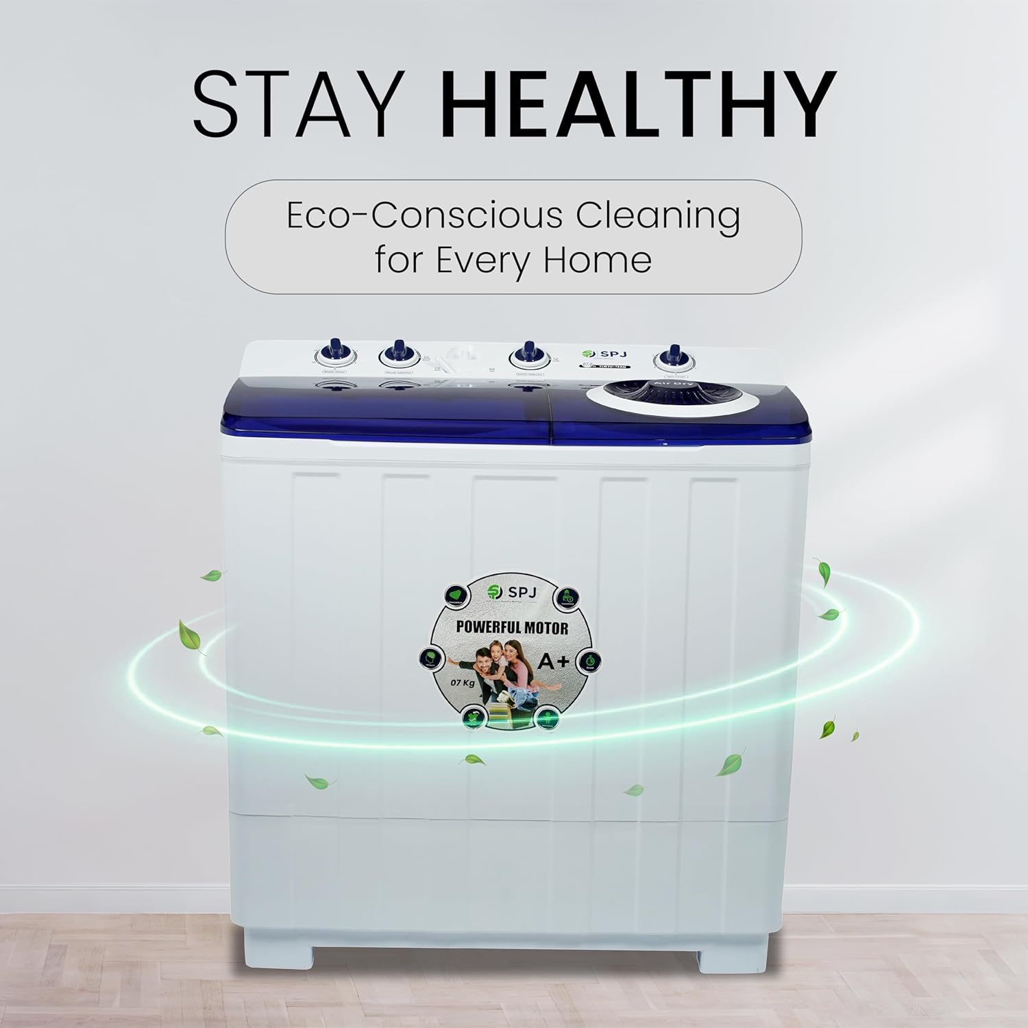 SPJ 7kg Semi Automatic Washing Machine Top Loader – Twin Tub, Transparent Lid, Washer & Dryer Combo, Energy Saving, Compact Home Laundry Appliance, 1-Year Warranty