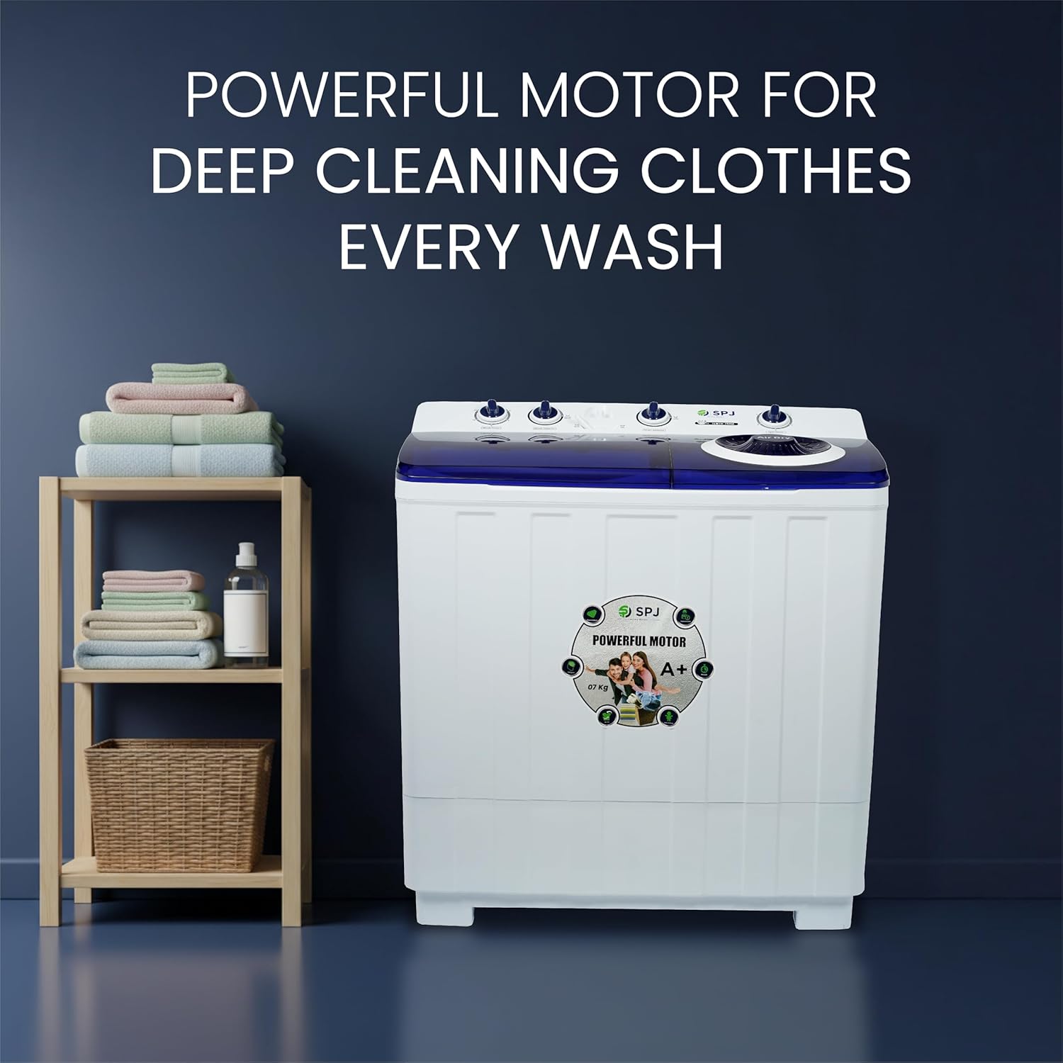 SPJ 7kg Semi Automatic Washing Machine Top Loader – Twin Tub, Transparent Lid, Washer & Dryer Combo, Energy Saving, Compact Home Laundry Appliance, 1-Year Warranty