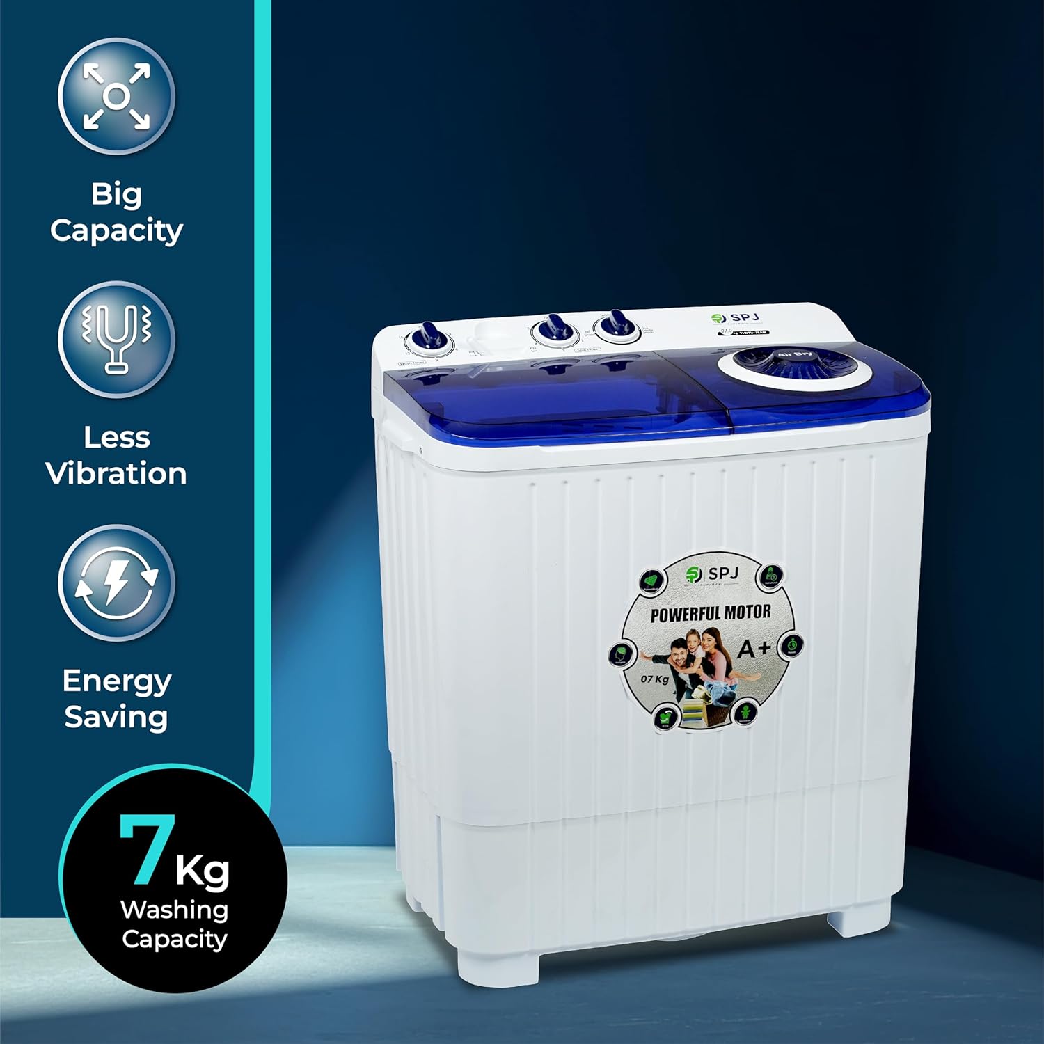 SPJ 7kg Semi Automatic Washing Machine Top Loader – Twin Tub, Transparent Lid, Washer & Dryer Combo, Energy Saving, Compact Home Laundry Appliance, 1-Year Warranty