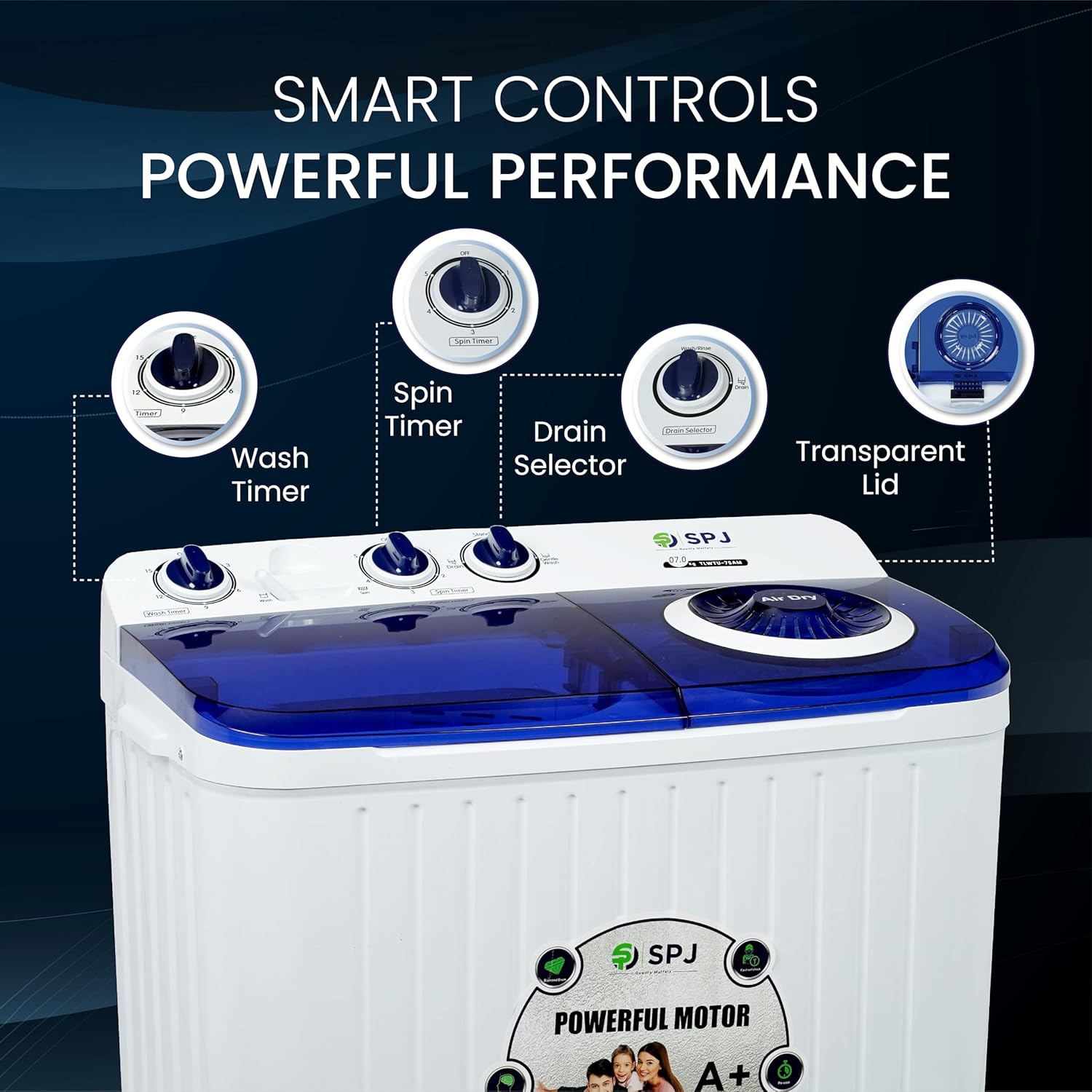 SPJ 7kg Semi Automatic Washing Machine Top Loader – Twin Tub, Transparent Lid, Washer & Dryer Combo, Energy Saving, Compact Home Laundry Appliance, 1-Year Warranty