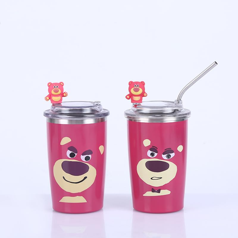450ml strawberry themed vacuum cup with Huggin' Bear design, Insulated Stainless Steel Tumbler with Straw.